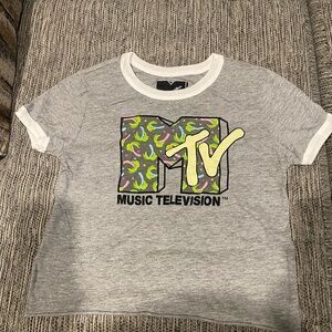 Gray short-sleeve tee featuring a large, colorful “MTV” logo in the center